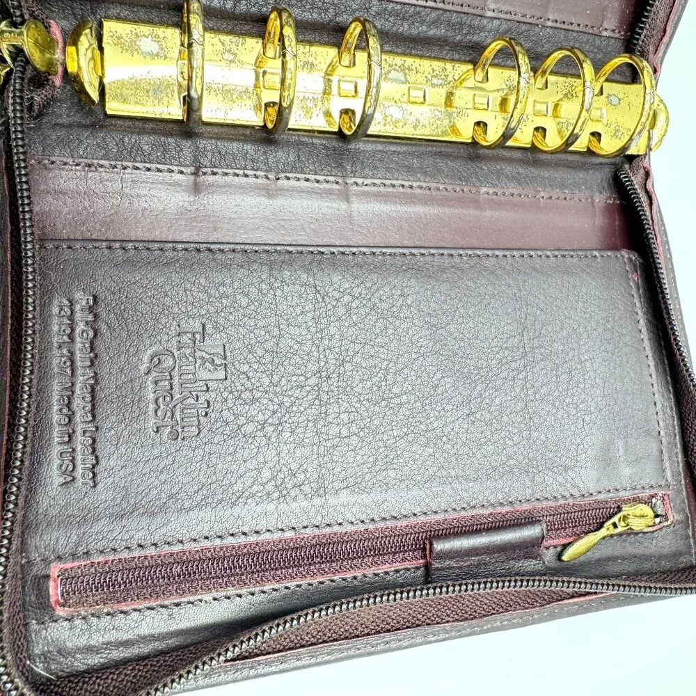 Franklin Quest Vtg Maroon Brown Full Grain Nappa Leather 6 Ring Zipper Binder 7